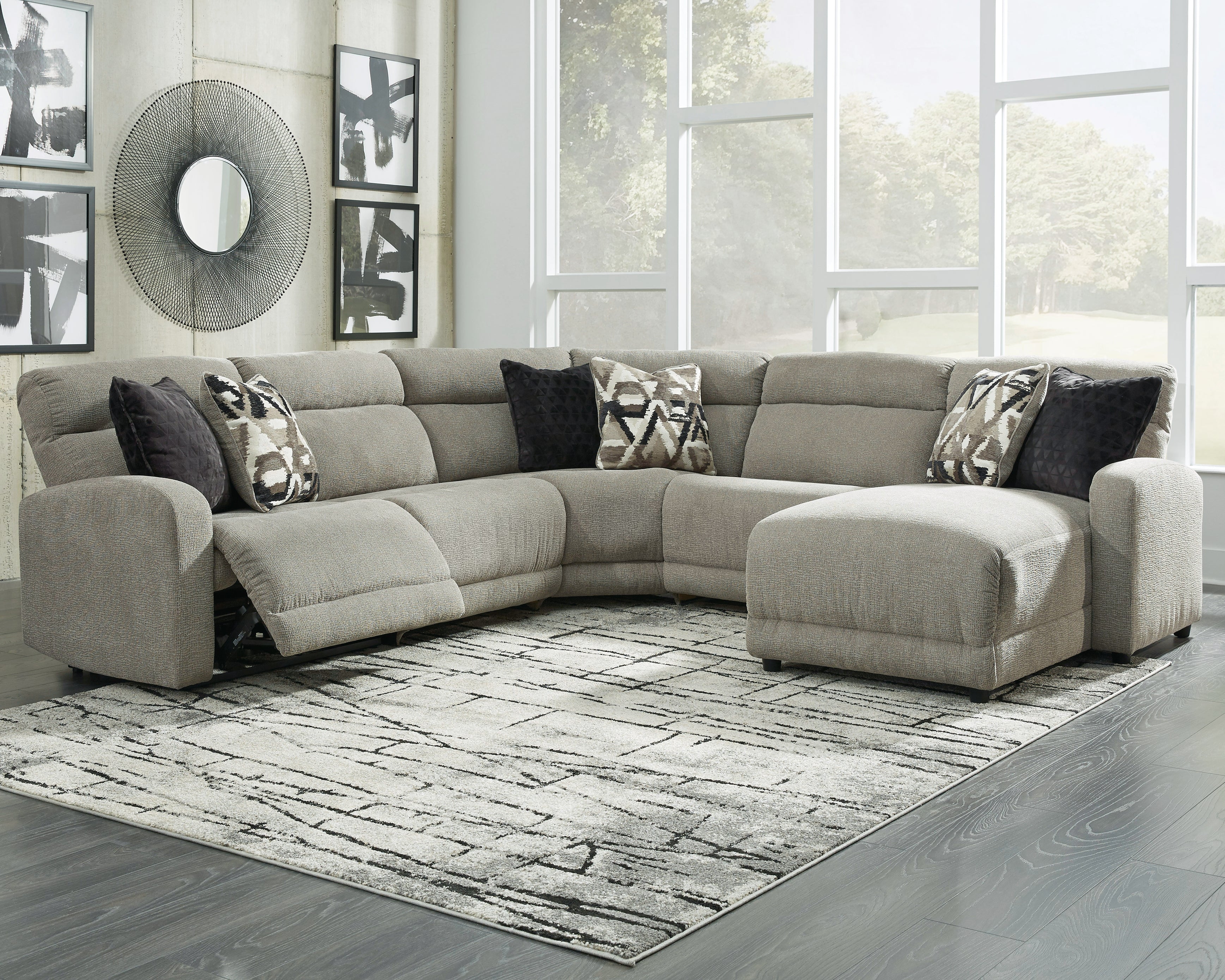 Lullora Furniture - Ashley Furniture - Colleyville Sectional - 5-Piece Power Reclining Sectional with Chaise / Stone - 54405S14
