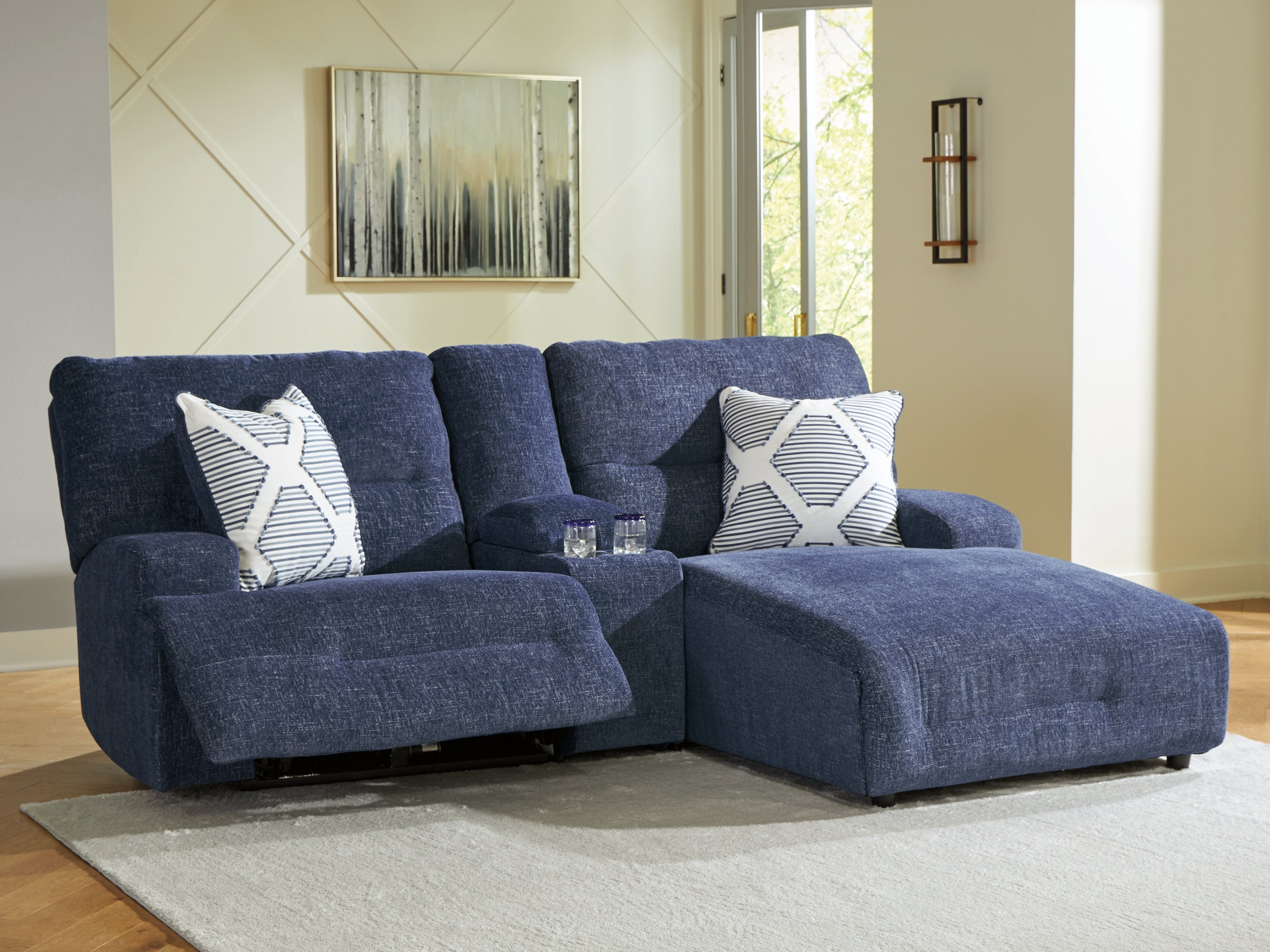 Lullora Furniture - Ashley Furniture - Acklen Place Sectional - 3-Piece Power Reclining Sectional Sofa with Chaise / Navy - 93607S4
