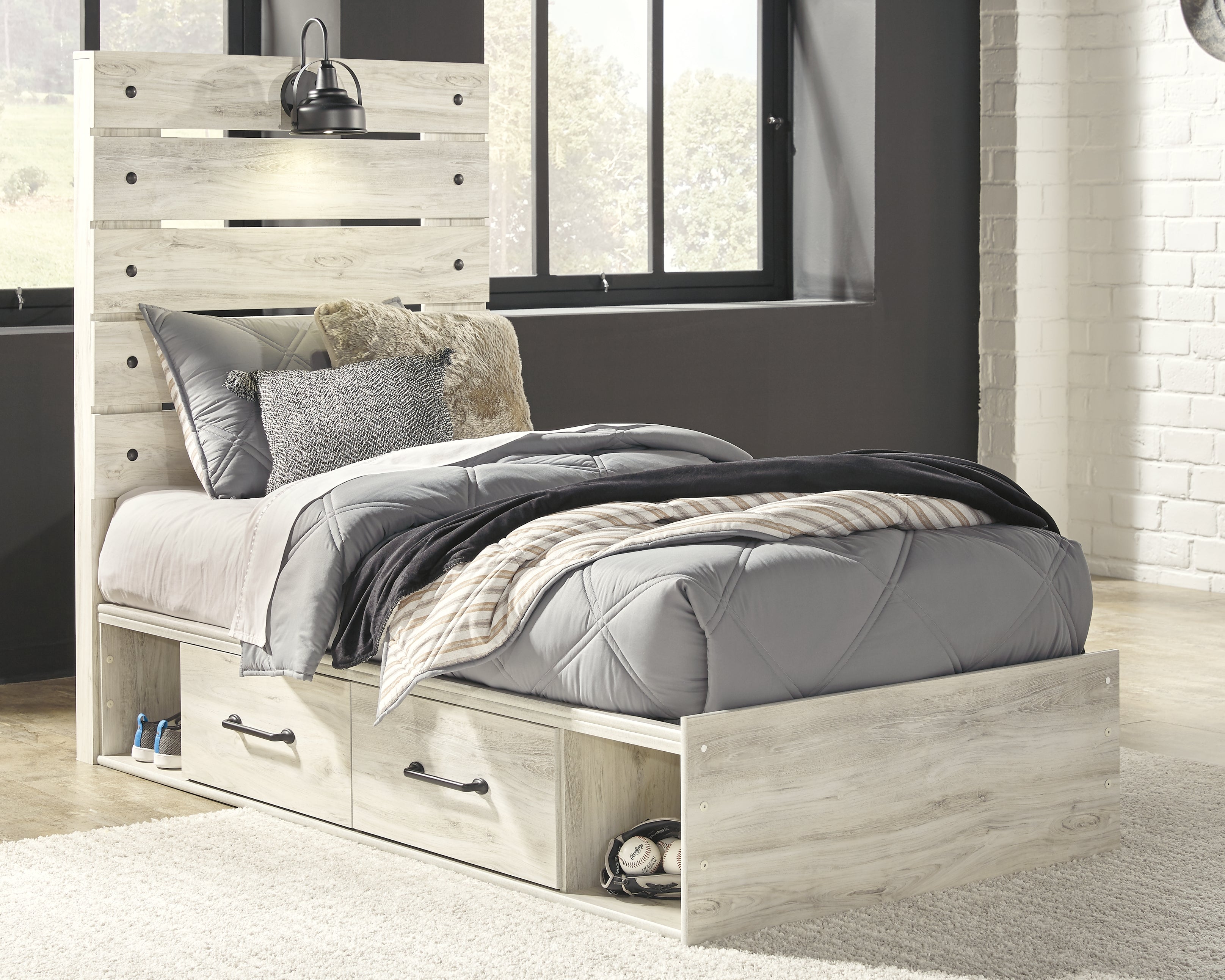 Lullora Furniture - Ashley Furniture - Cambeck Bedroom - Twin Panel Bed with 4 Storage Drawers / Whitewash - B192B21