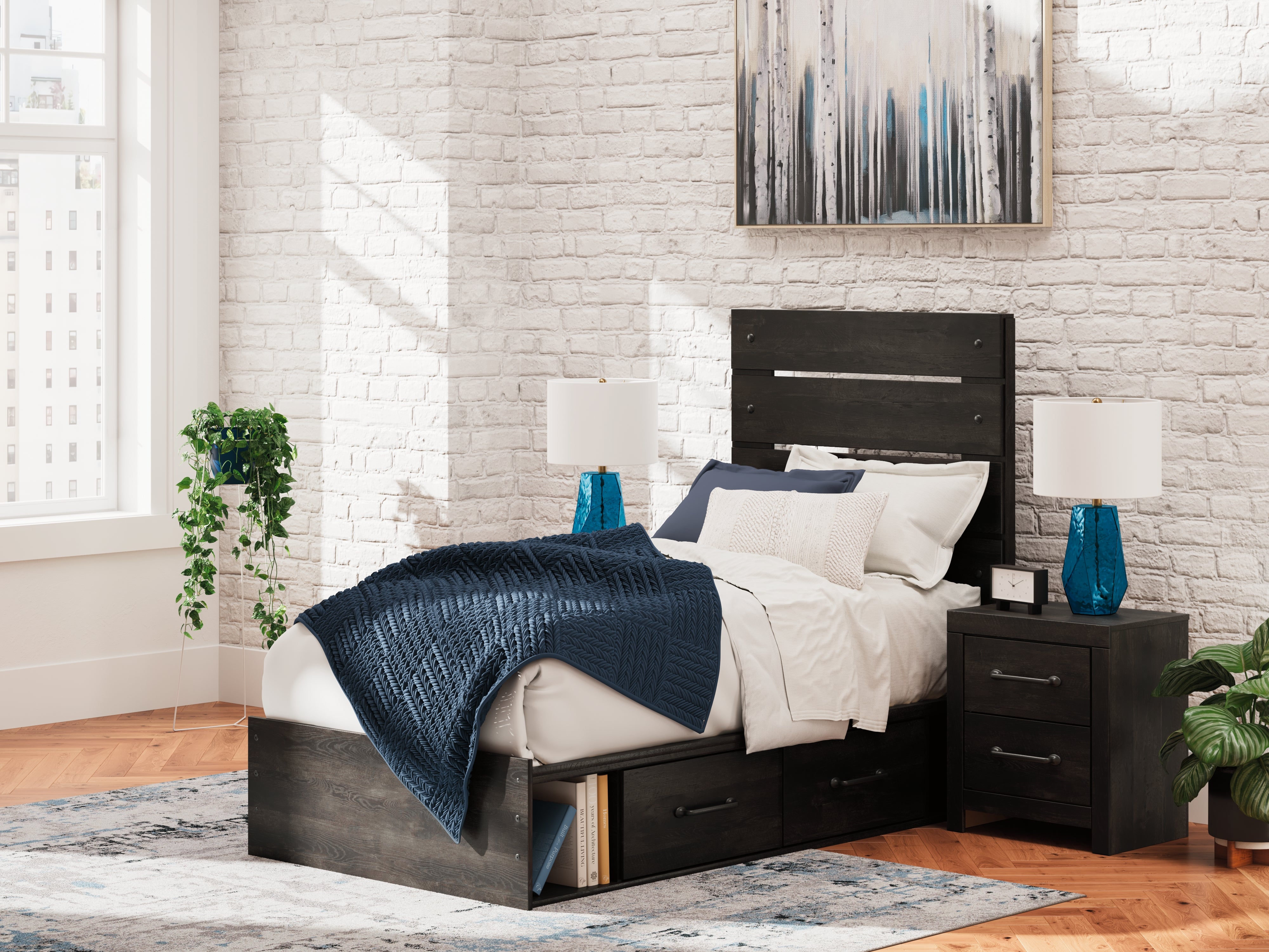 Lullora Furniture - Ashley Furniture - Hollivern Bedroom - Twin Panel Bed with Storage / Dark Gray - PCB2108B18