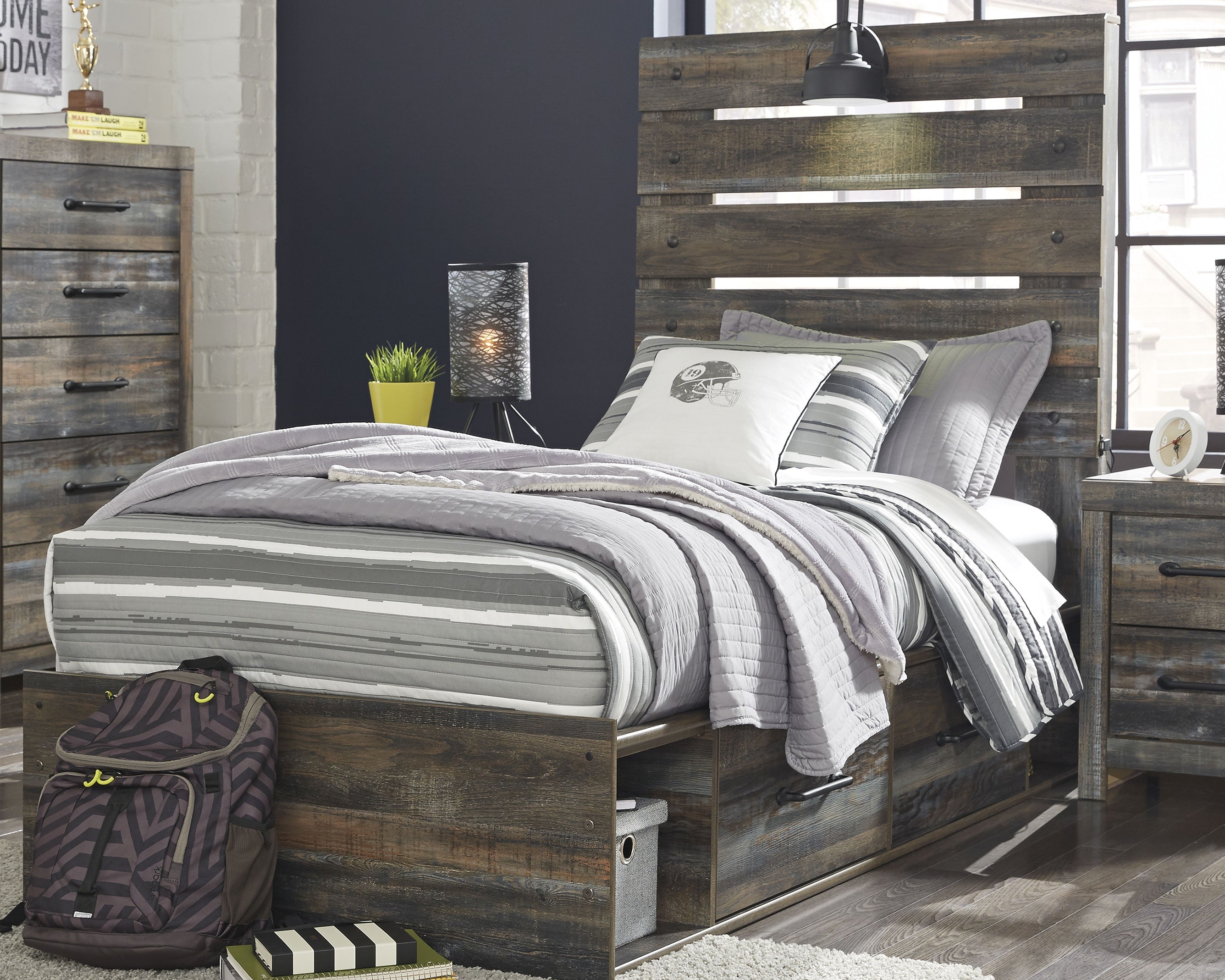 Lullora Furniture - Ashley Furniture - Drystan Bedroom - Twin Panel Bed with 4 Storage Drawers / Multi - B211B11