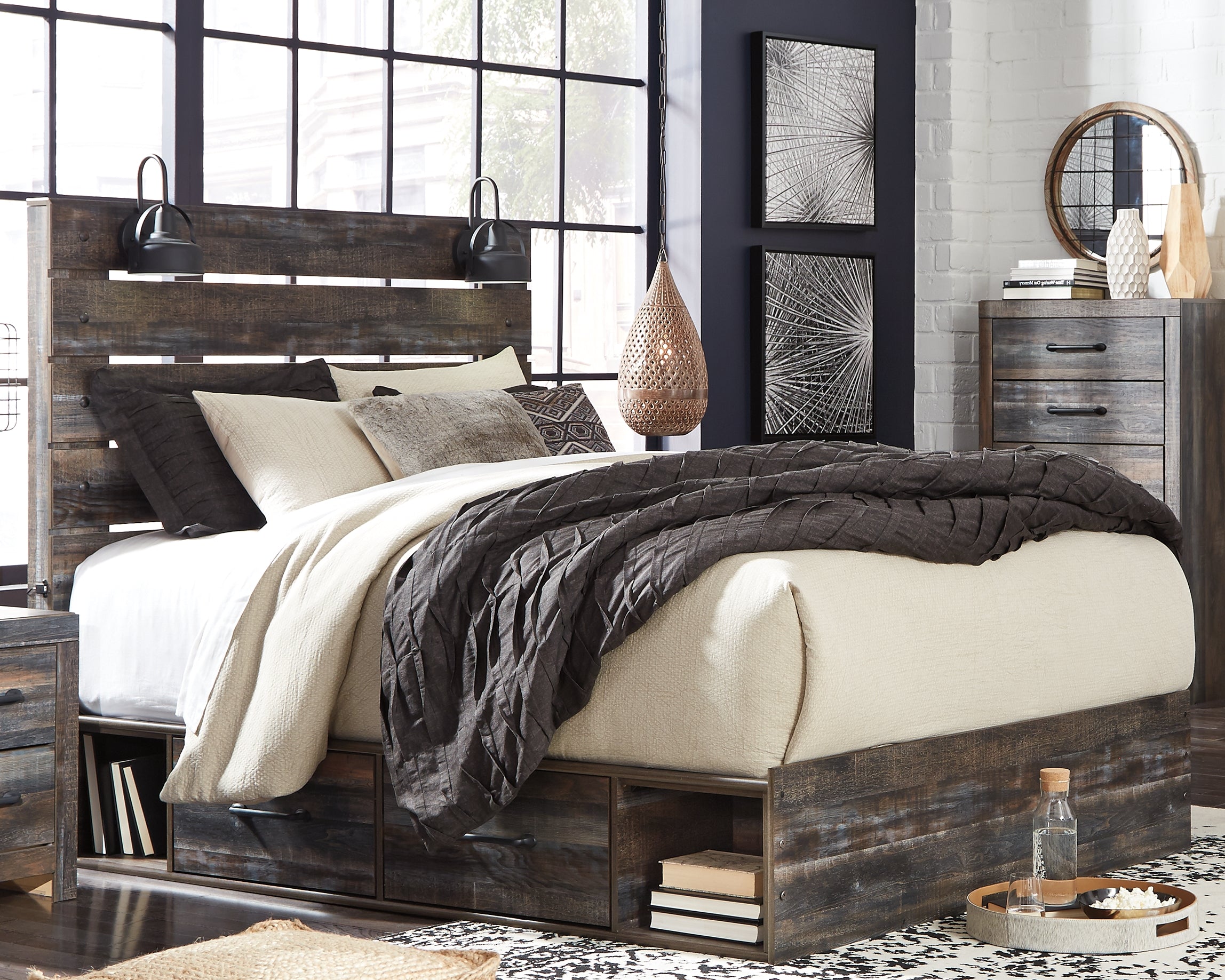 Lullora Furniture - Ashley Furniture - Drystan Bedroom - Queen Panel Bed with 2 Storage Drawers / Multi - B211B10