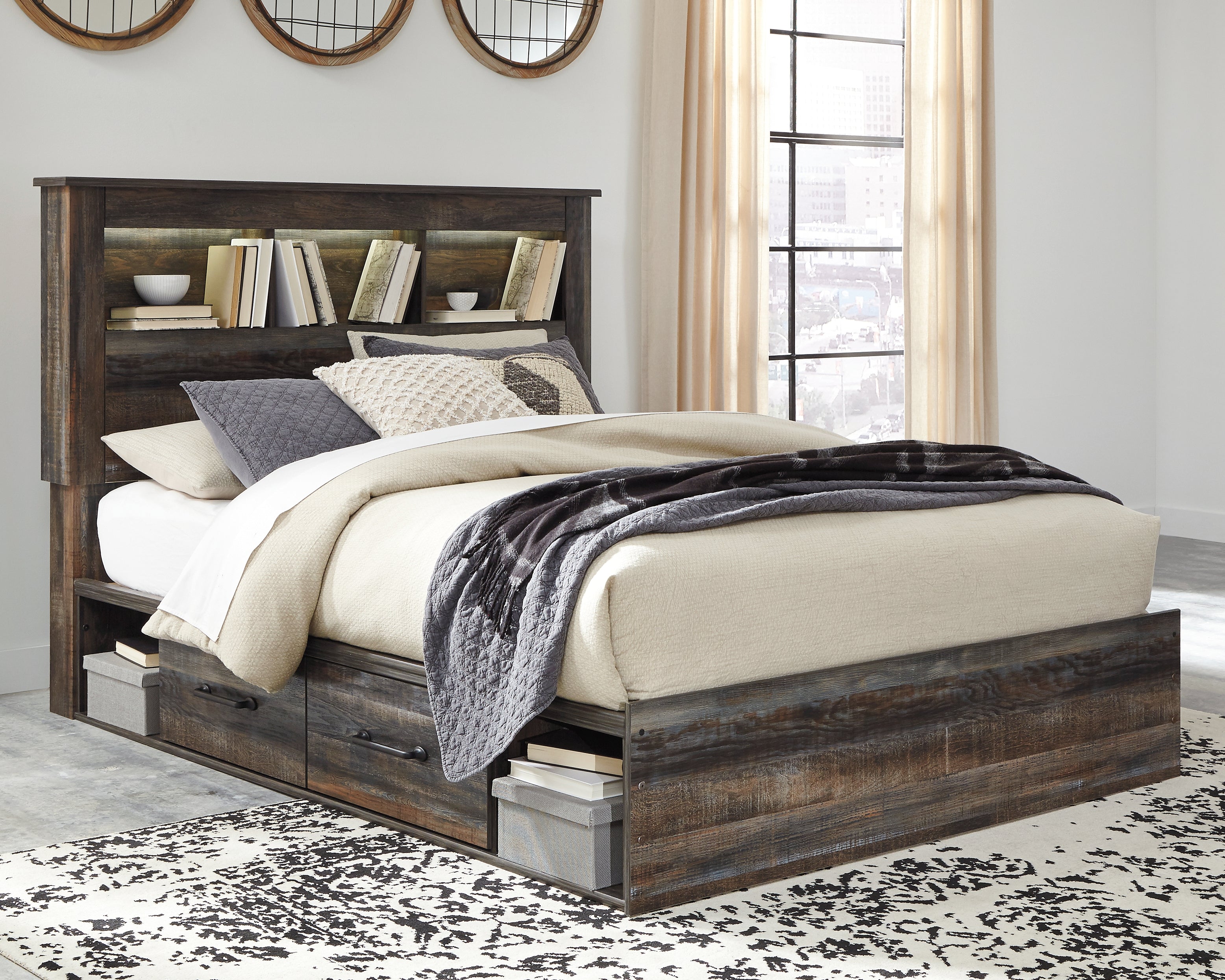 Lullora Furniture - Ashley Furniture - Drystan Bedroom - Queen Bookcase Bed with 4 Storage Drawers / Multi - B211B18