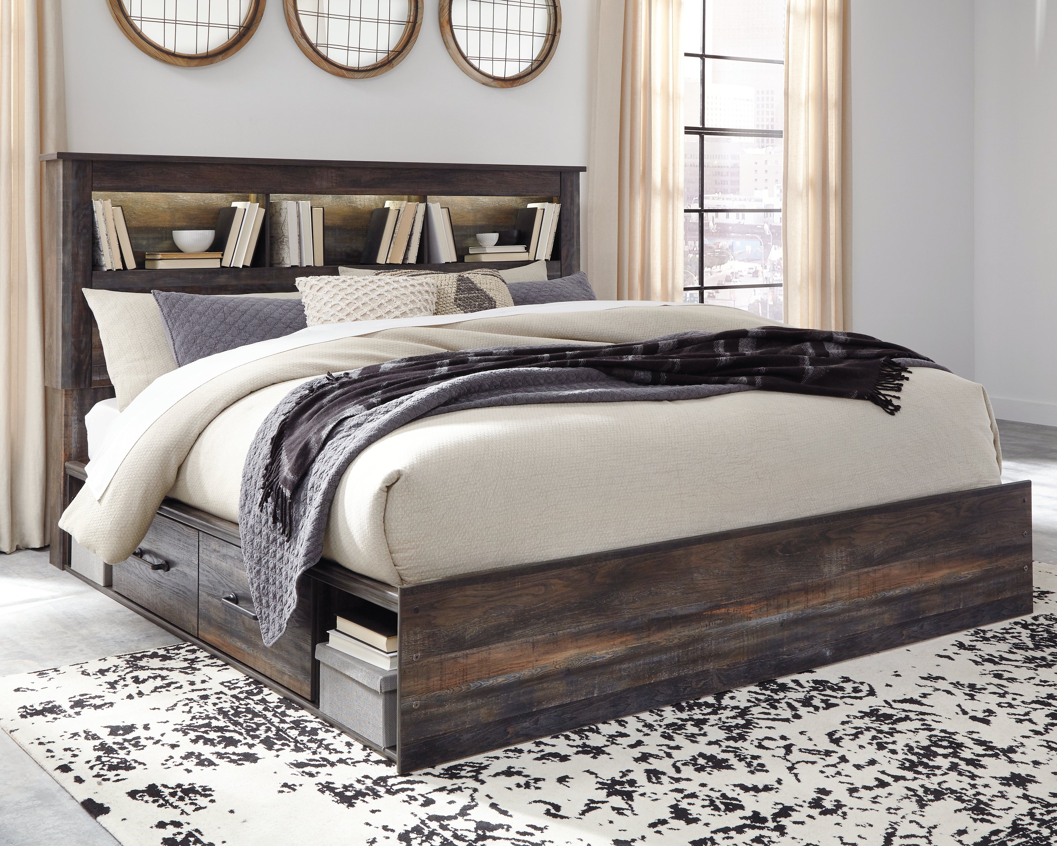 Lullora Furniture - Ashley Furniture - Drystan Bedroom - King Bookcase Bed with 4 Storage Drawers / Multi - B211B52