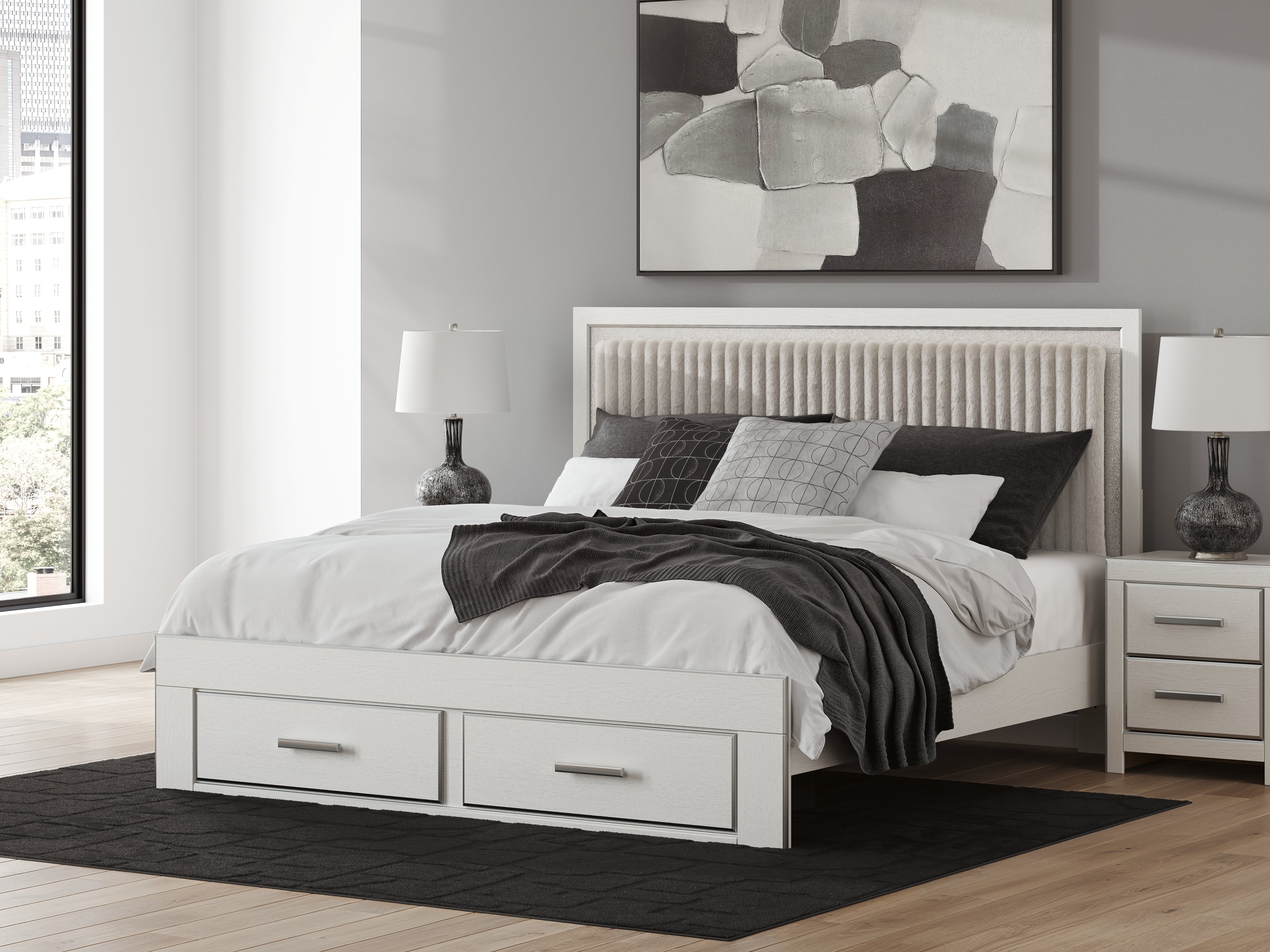 Lullora Furniture - Ashley Furniture - Zuraleus Bedroom - King Upholstered Panel Platform Storage Bed / White - PCB3381B9
