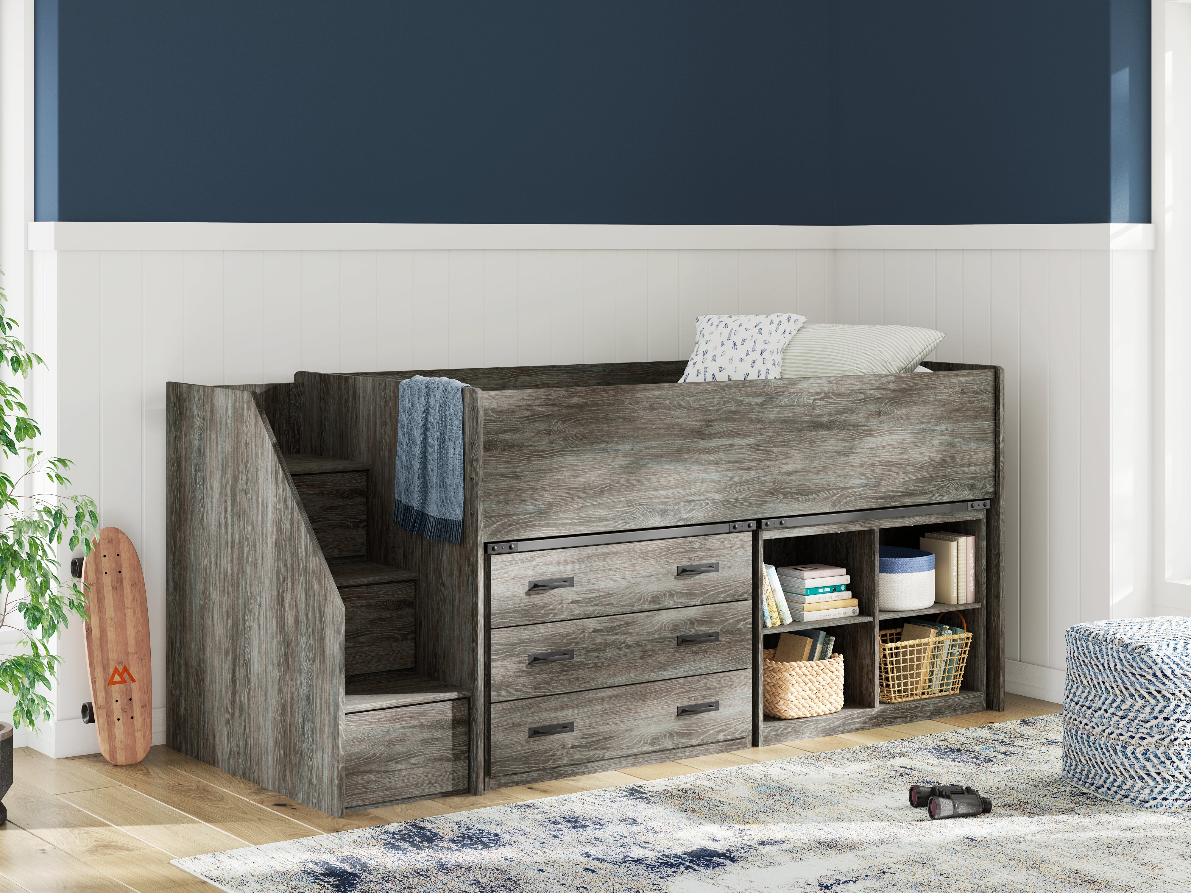 Lullora Furniture - Ashley Furniture - Frandern Bedroom - Twin Loft  Bed with Bookcase and Drawer Storage / Gray - B4480B16