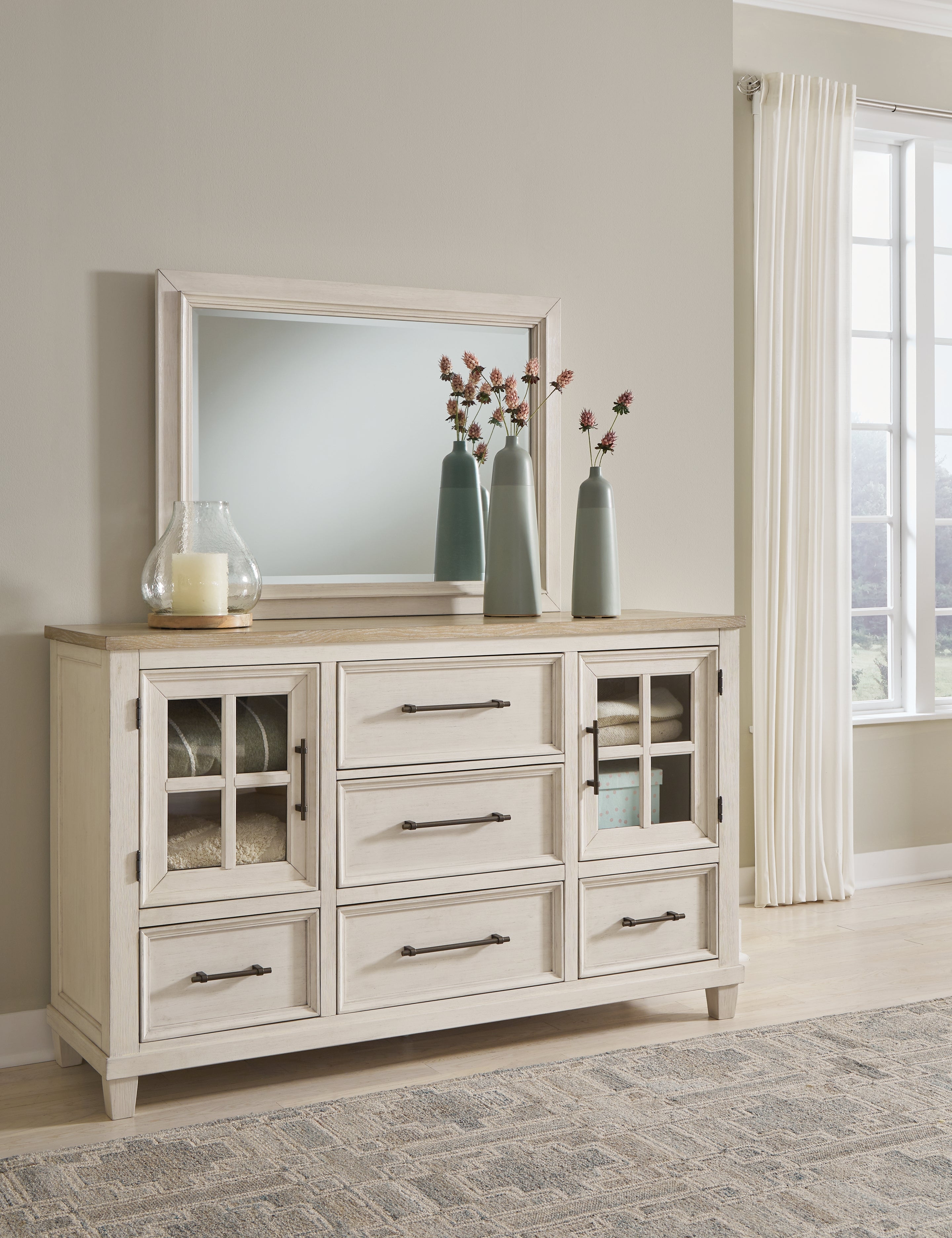 Lullora Furniture - Ashley Furniture - Shaybrock Bedroom - Dresser and Mirror / Antique White/Brown - B683B1