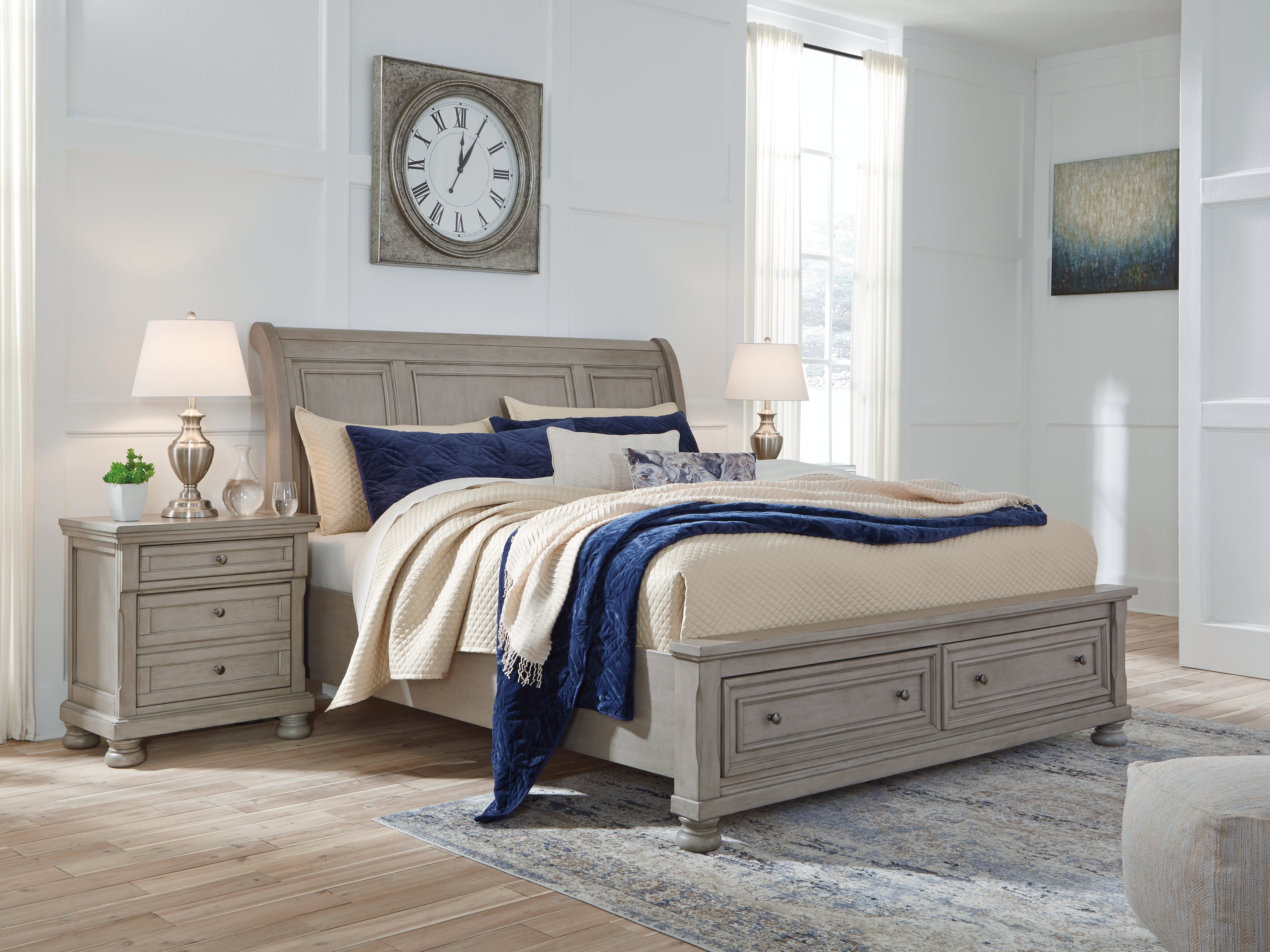 Lullora Furniture - Ashley Furniture - Lettner Bedroom - King Sleigh Bed with 2 Storage Drawers / Light Gray - B733B8