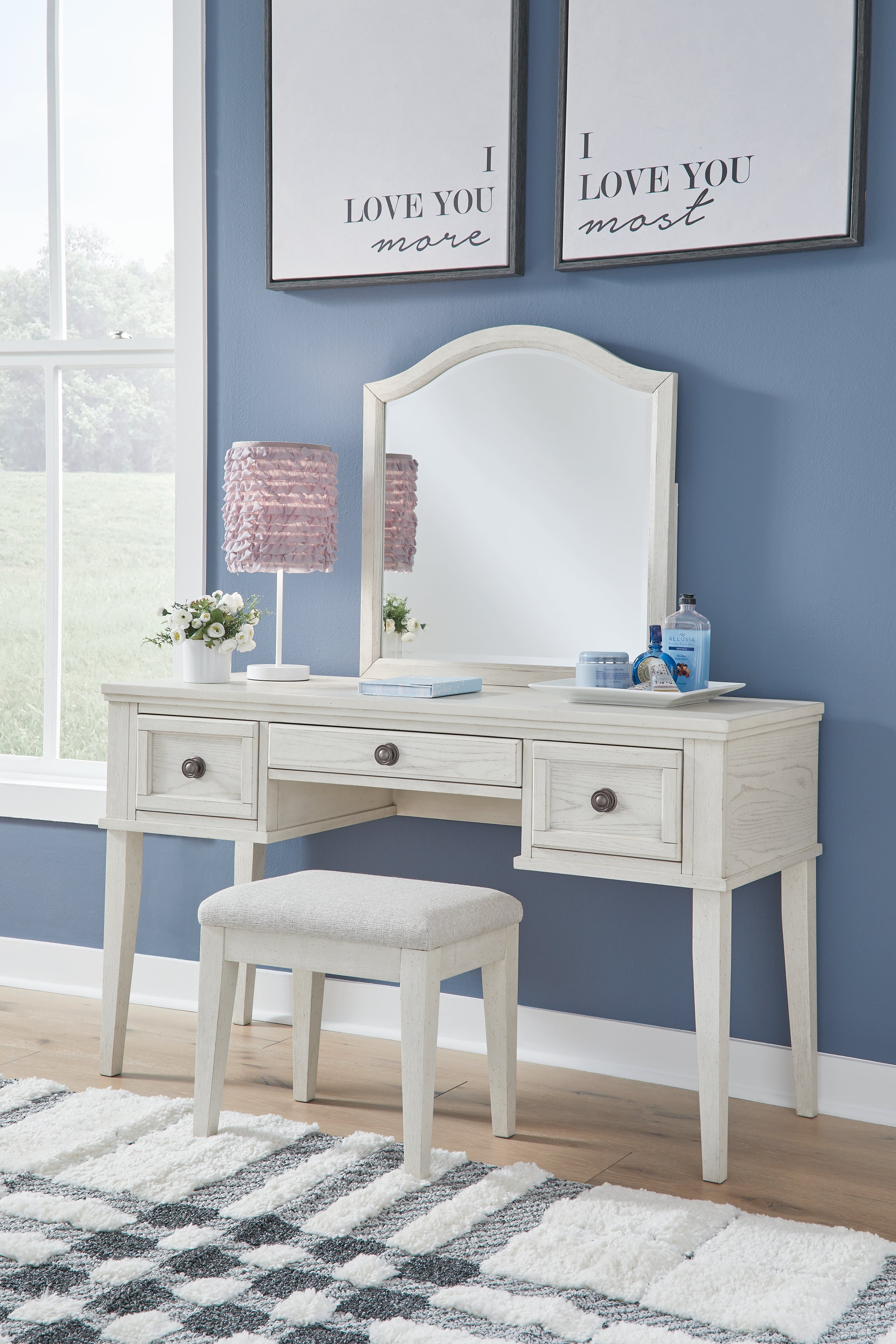 Lullora Furniture - Ashley Furniture - Robbinsdale Mirrored Vanity with Bench - Mirrored Vanity with Bench / Antique White - B742B11