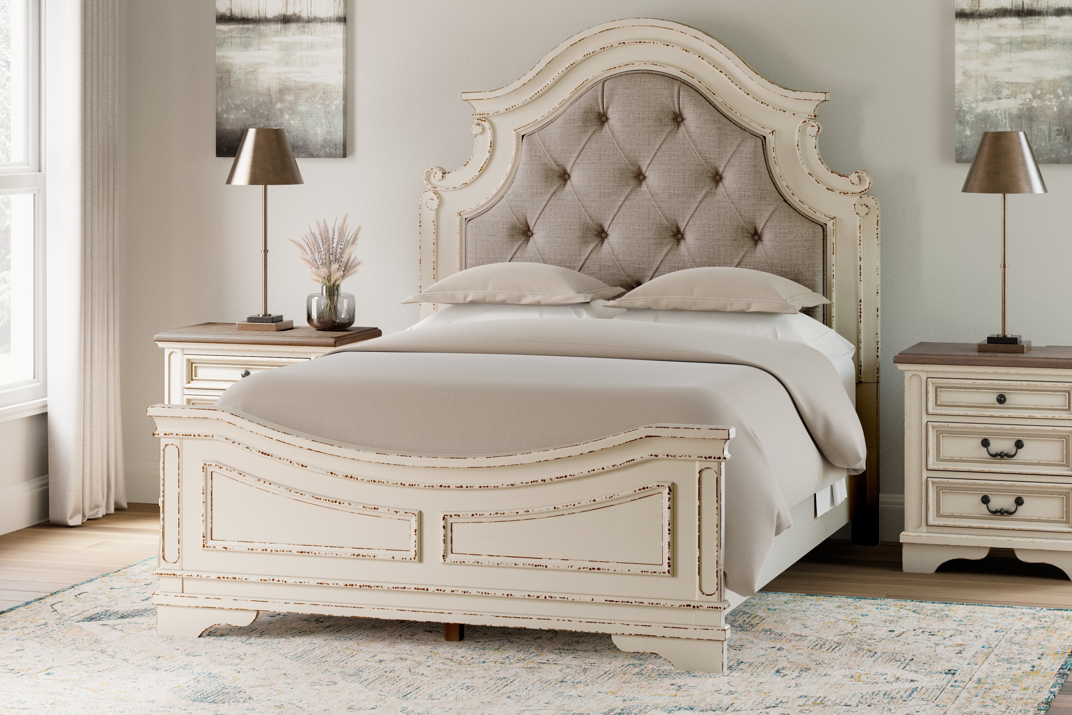 Lullora Furniture - Ashley Furniture - Realyn Bedroom - Queen Upholstered Panel Bed / Chipped White - B743B2