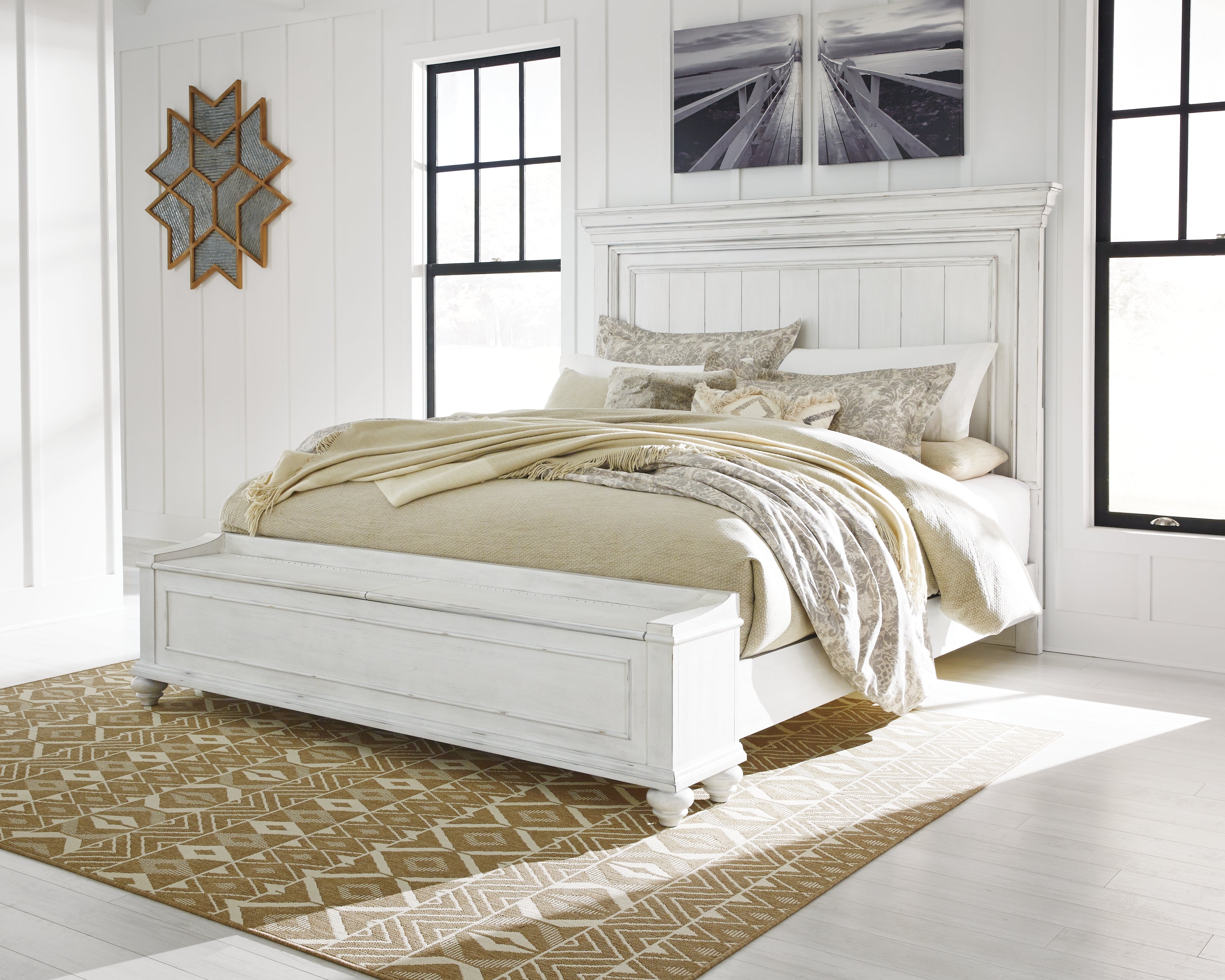 Lullora Furniture - Ashley Furniture - Kanwyn Bedroom - California King Panel Bed with Storage Bench / Whitewash - B777B12