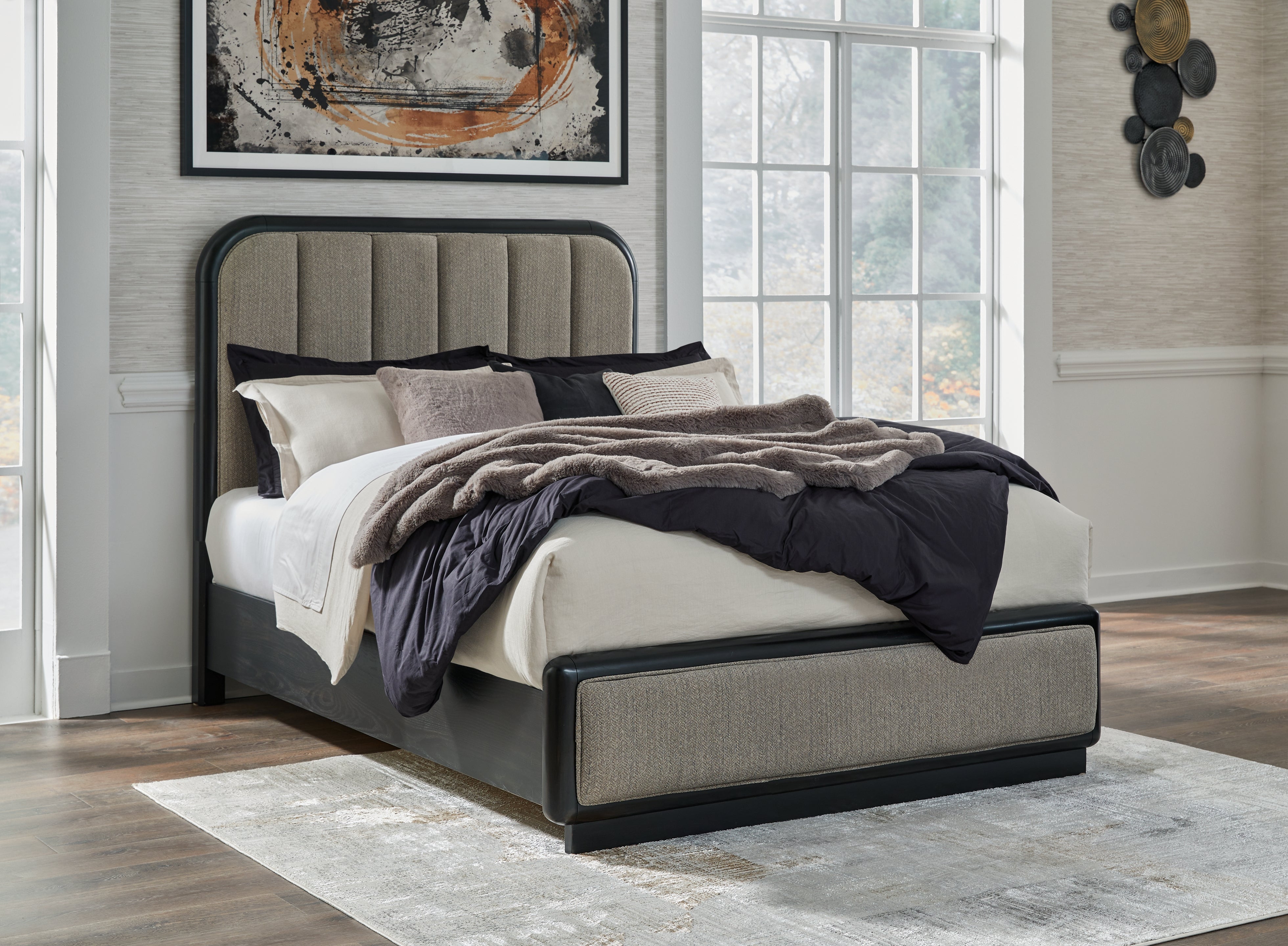 Lullora Furniture - Ashley Furniture - Rowanbeck Bedroom - Queen Upholstered Panel Bed / Gray/Black - B821B2