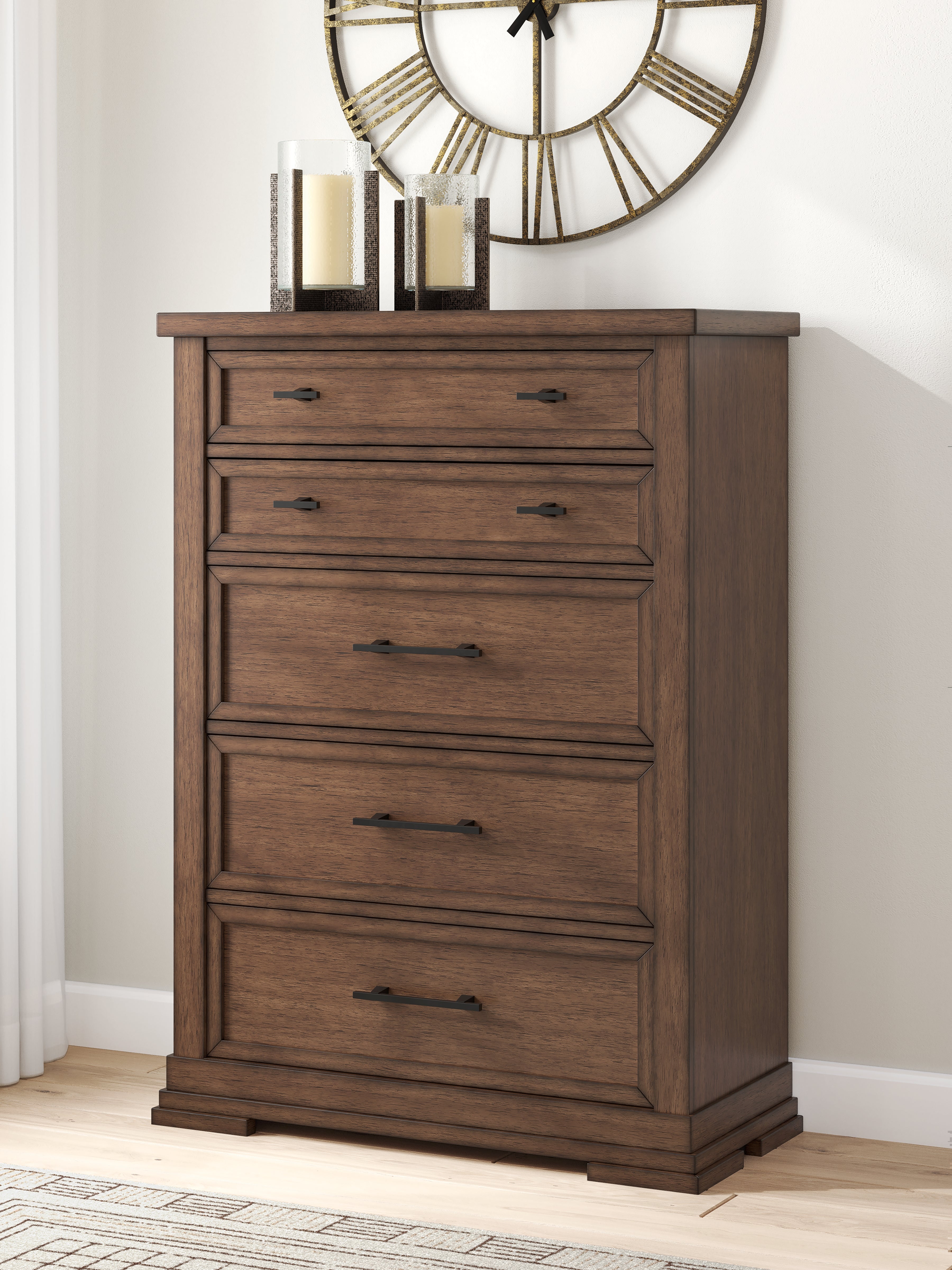 Lullora Furniture - Ashley Furniture - Taffenbrook Bedroom - Five Drawer Chest / Medium Brown - B849-46