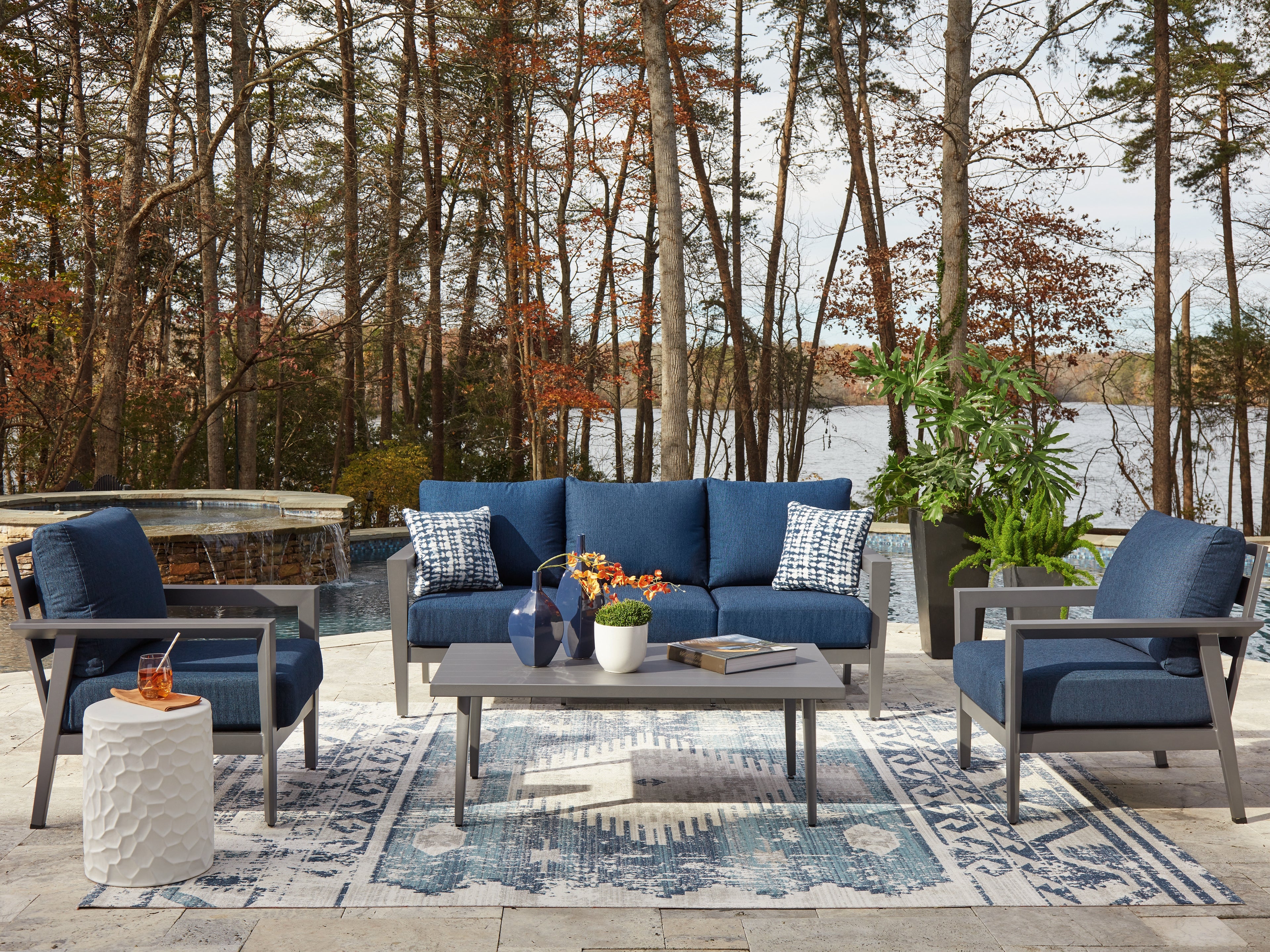 Lullora Furniture - Ashley Furniture - Gali Outdoor - Sofa/Chairs/Table Set (4/CN) / Gray/Blue - P275-081