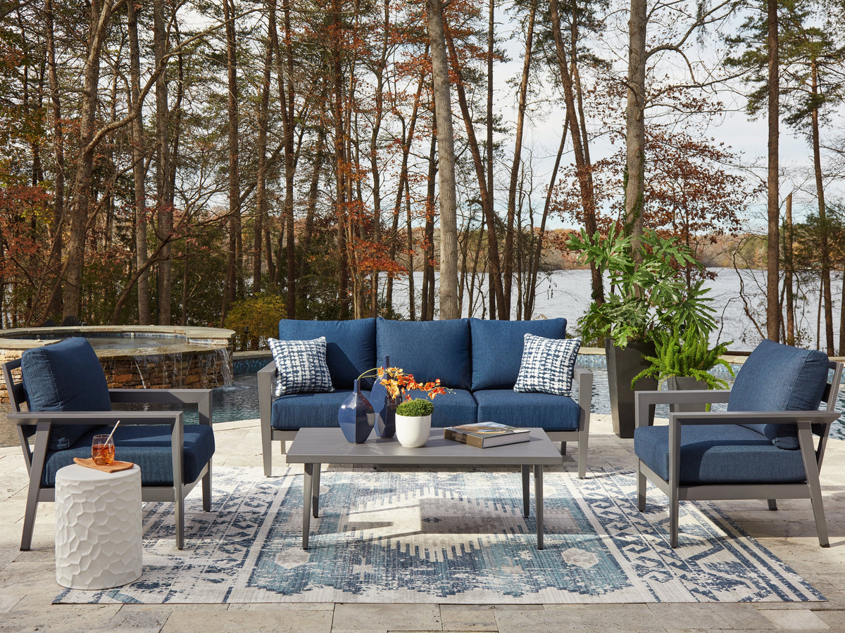 Lullora Furniture - Ashley Furniture - Gali Outdoor - Sofa/Chairs/Table Set (4/CN) / Gray/Blue - P275-081