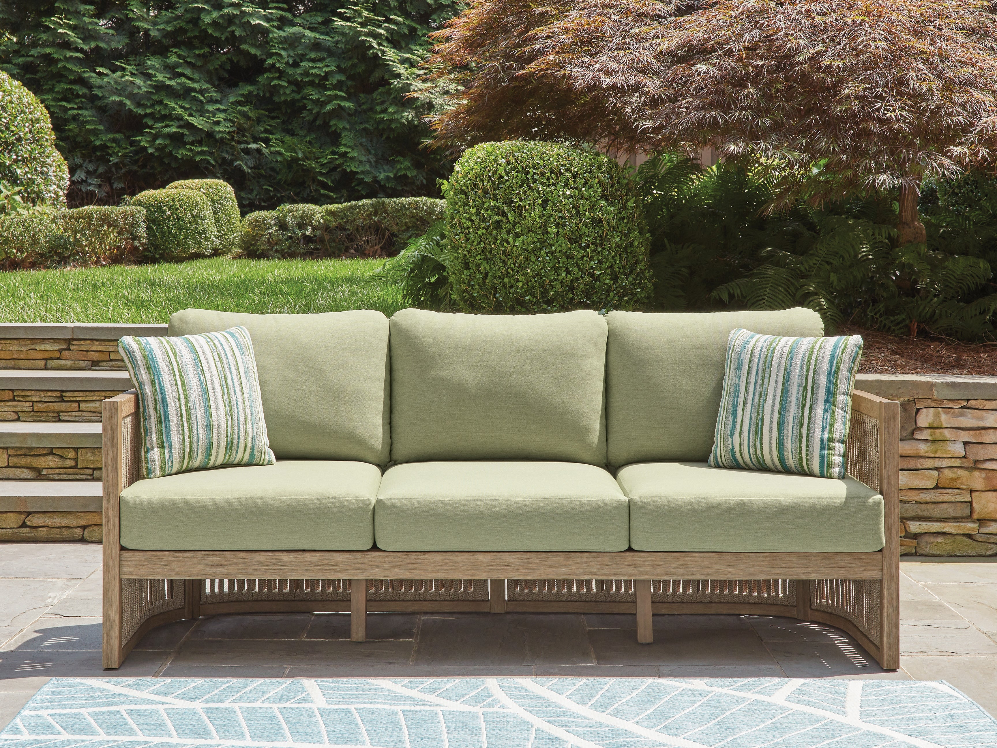 Lullora Furniture - Ashley Furniture - Serena Shores Outdoor - Sofa with Cushion / Beige/Green - PCP604-838
