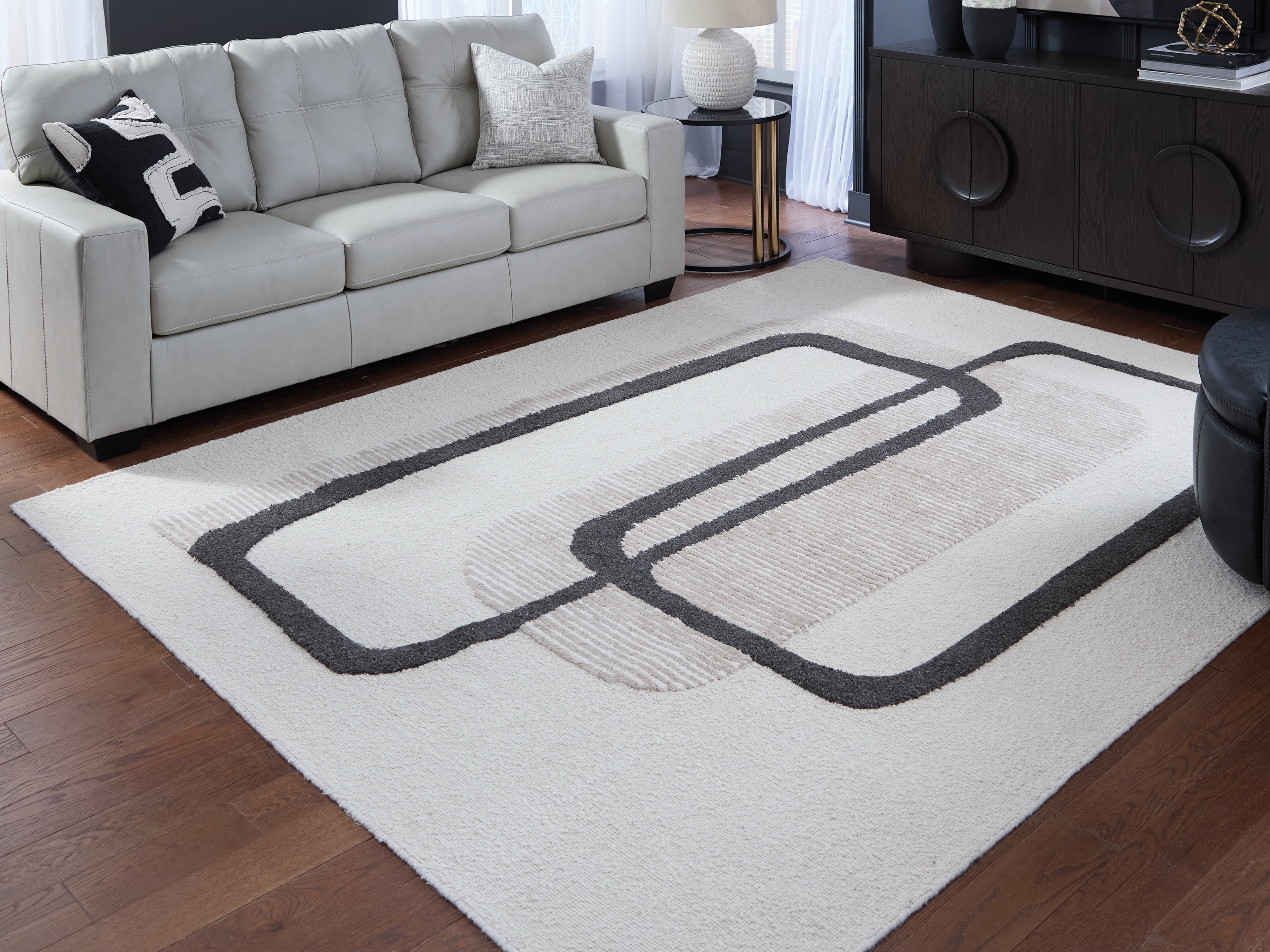 Lullora Furniture - Ashley Furniture - Davismour Rug - 5' x 7' Area Rug / Ivory/Taupe/Charcoal - R407562