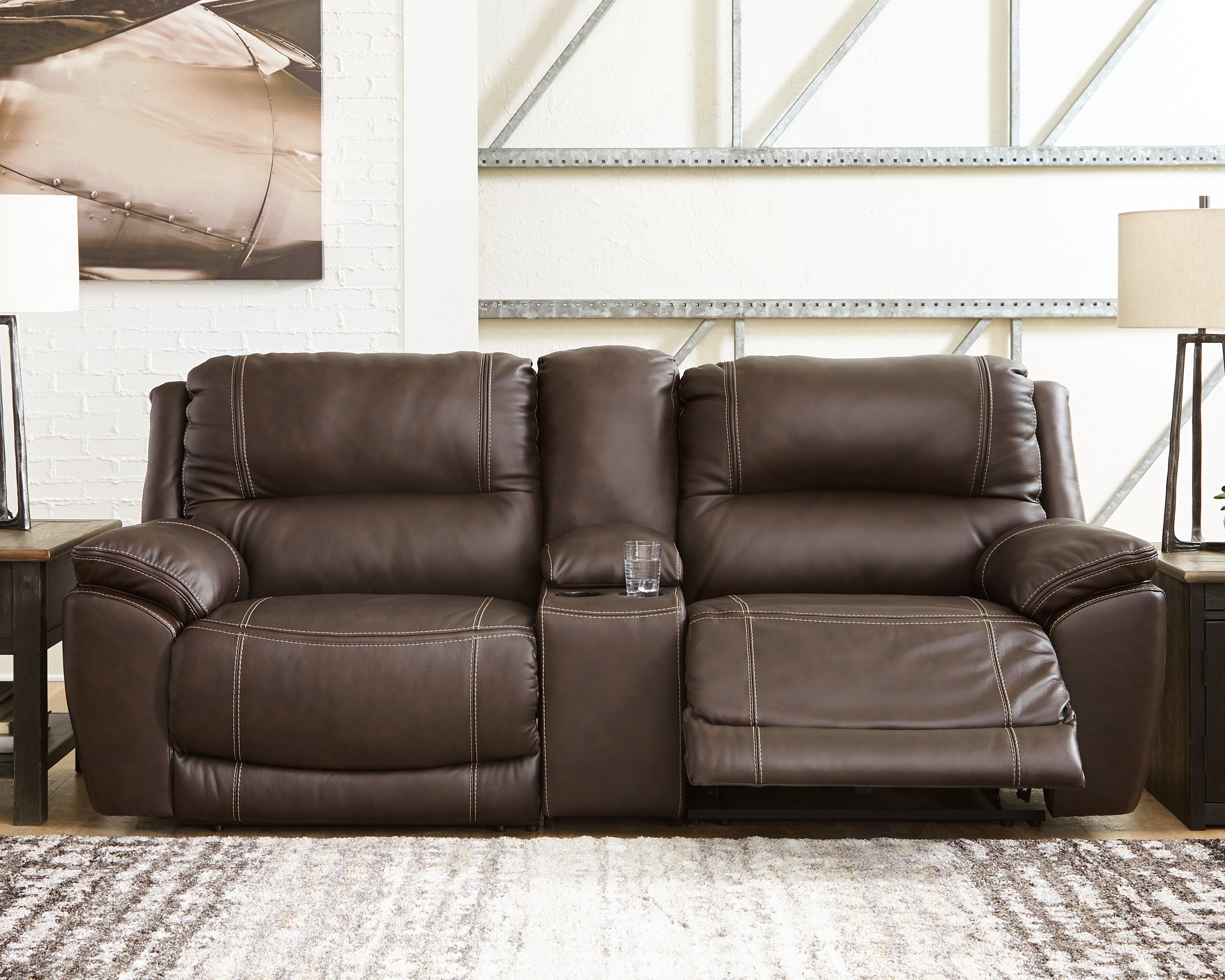 Lullora Furniture - Ashley Furniture - Dunleith Sectional - 3-Piece Power Reclining Loveseat with Console / Chocolate - U71604S4