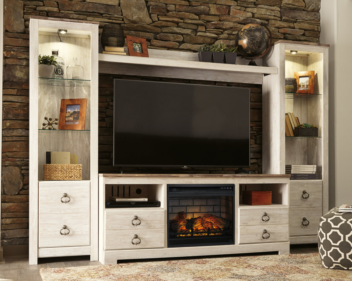 Lullora Furniture - Ashley Furniture - Willowton 4-Piece Entertainment Center with Electric Fireplace - 4-Piece Entertainment Center with Electric Fireplace / Whitewash - W267W9