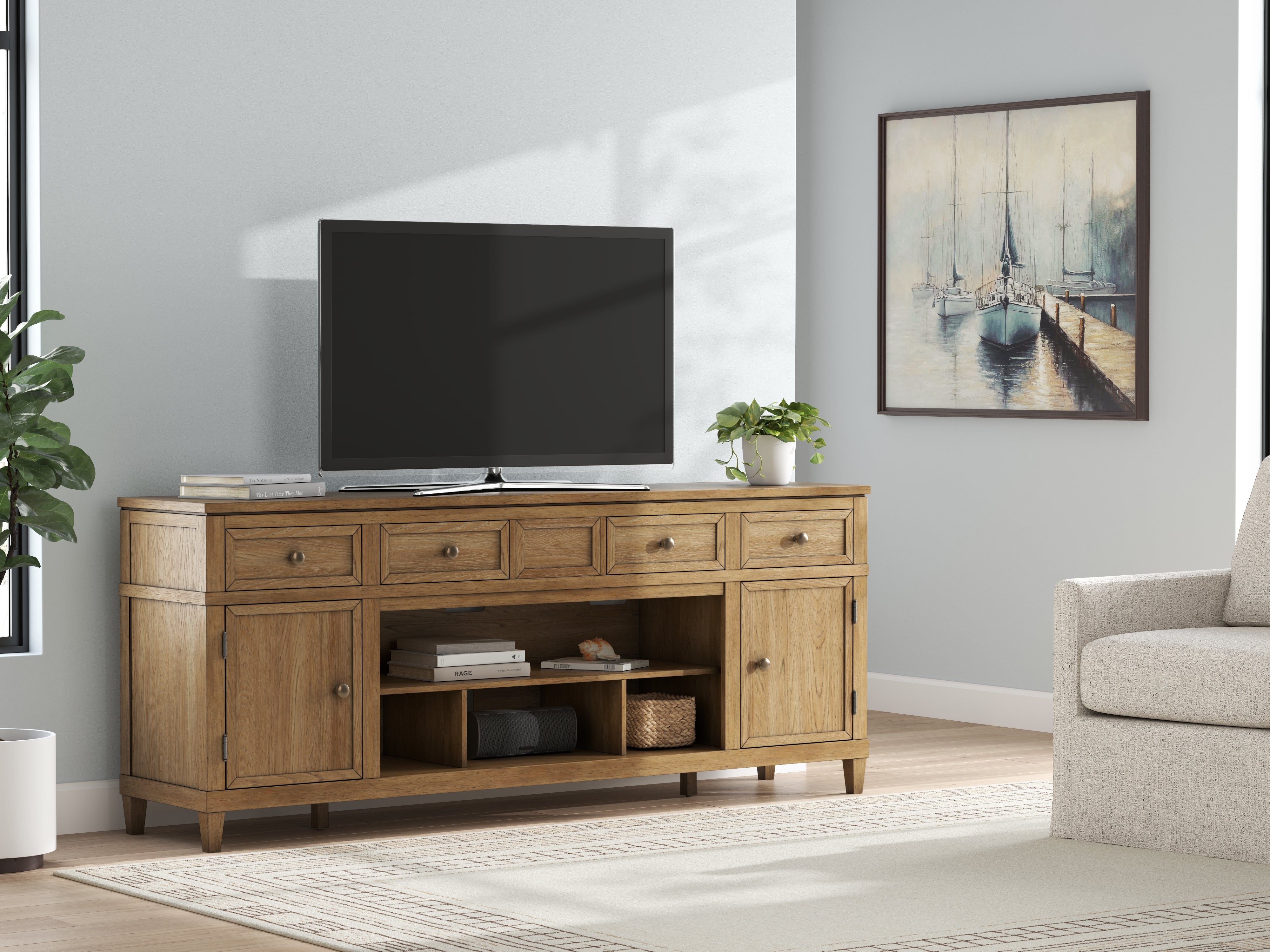 Lullora Furniture - Ashley Furniture - Sharlance 81" TV Stand - 81" / Light Brown - W655-68