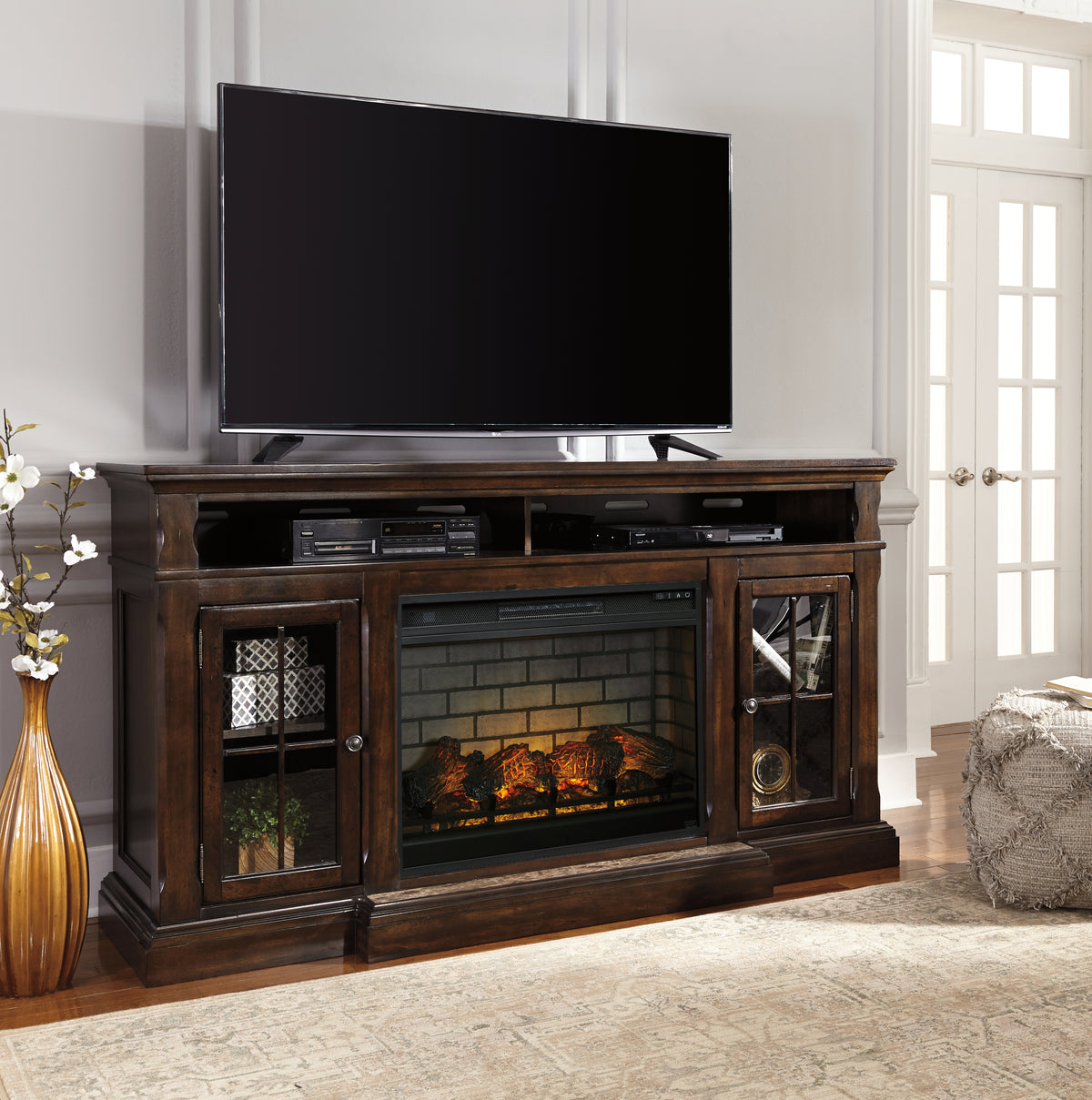 Lullora Furniture - Ashley Furniture - Roddinton 72" TV Stand with Electric Fireplace - 72" TV Stand with Electric Fireplace / Dark Brown - W701W8