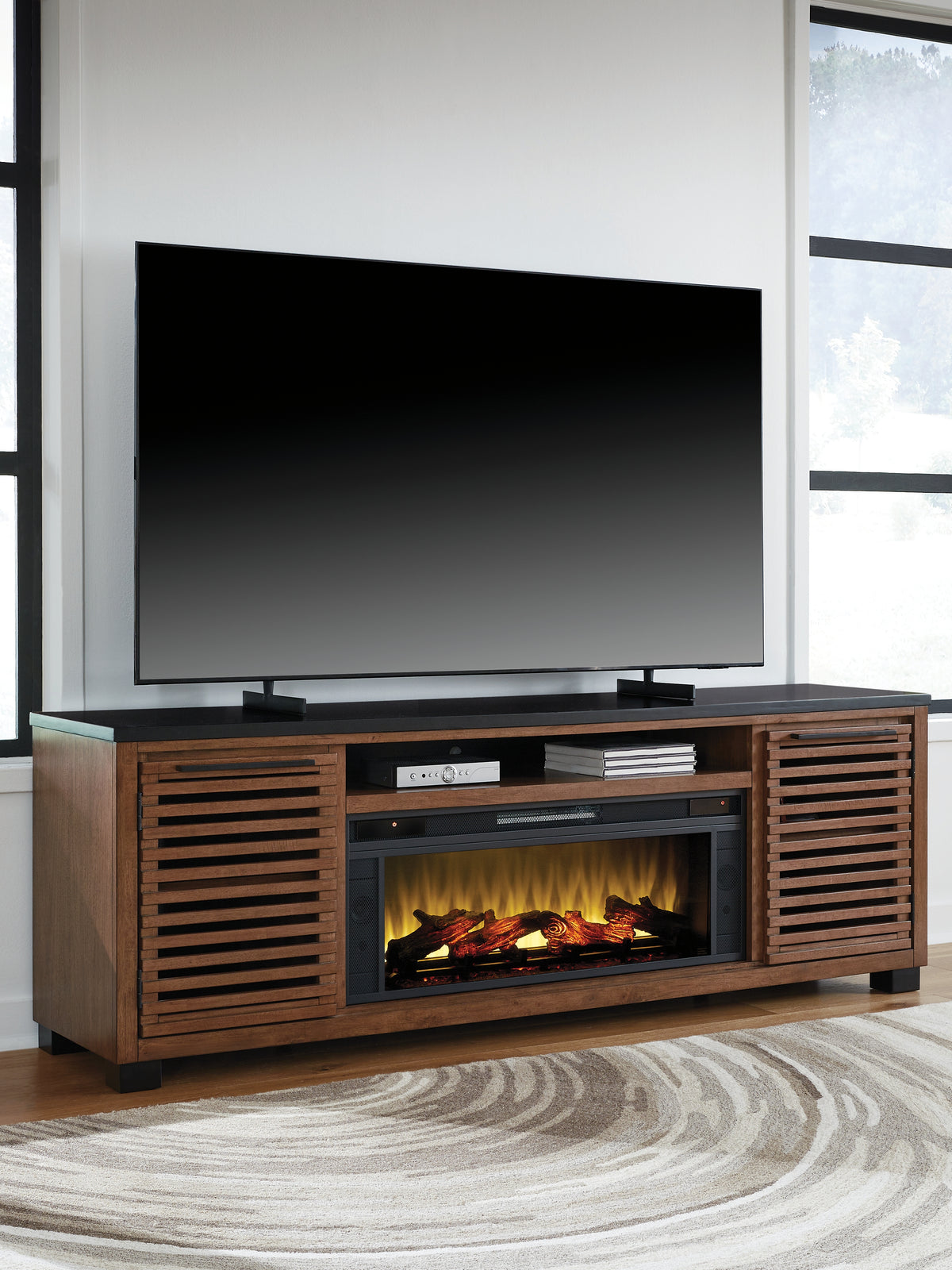 Lullora Furniture - Ashley Furniture - Kallari 84" TV Stand with Electric Fireplace - 84" TV Stand with Electric Fireplace / Warm Brown/Black - W737W1