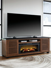 Lullora Furniture - Ashley Furniture - Kallari 84" TV Stand with Electric Fireplace - 84" TV Stand with Electric Fireplace / Warm Brown/Black - W737W1