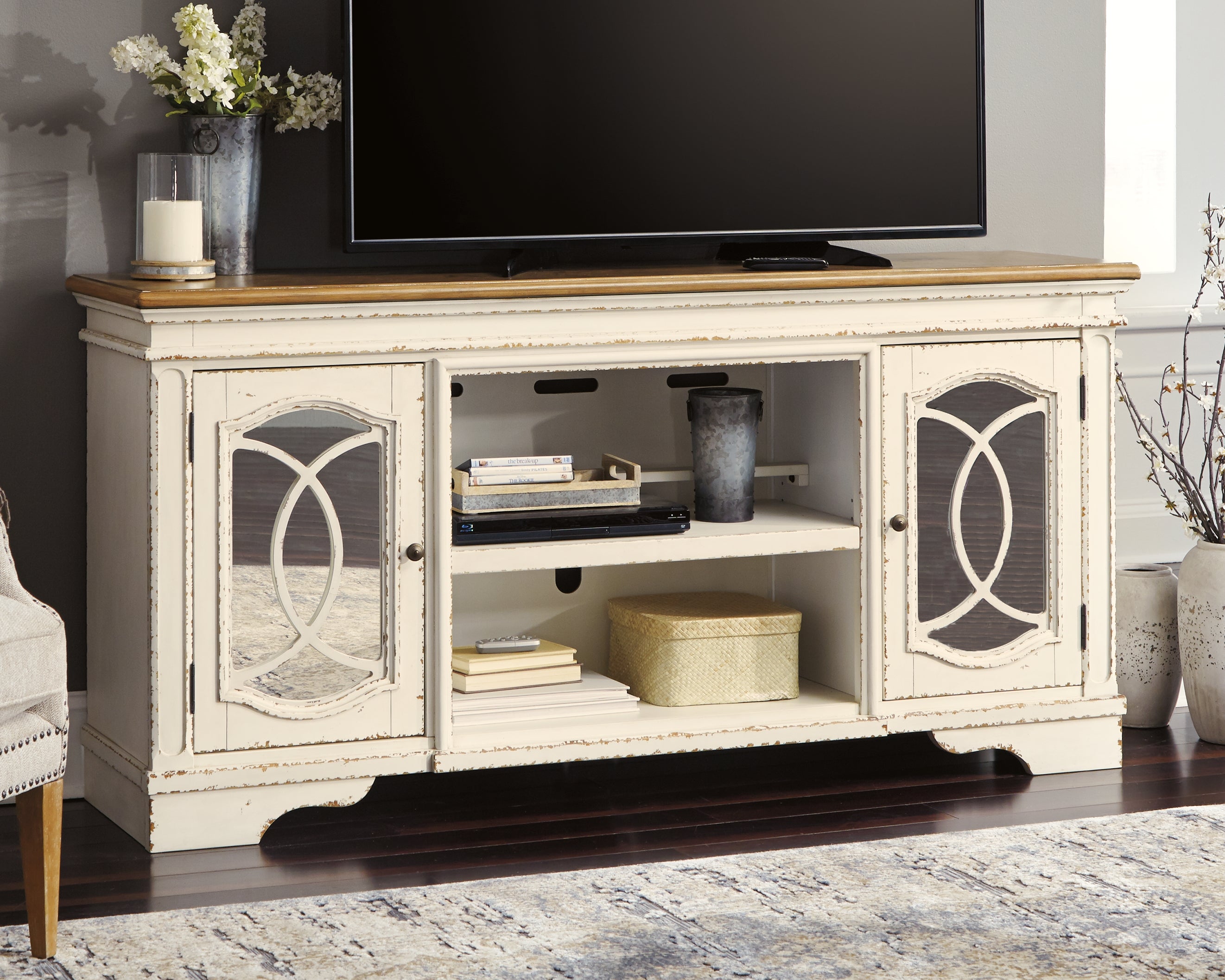 Lullora Furniture - Ashley Furniture - Realyn 74" TV Stand - 74" / Chipped White - W743-68