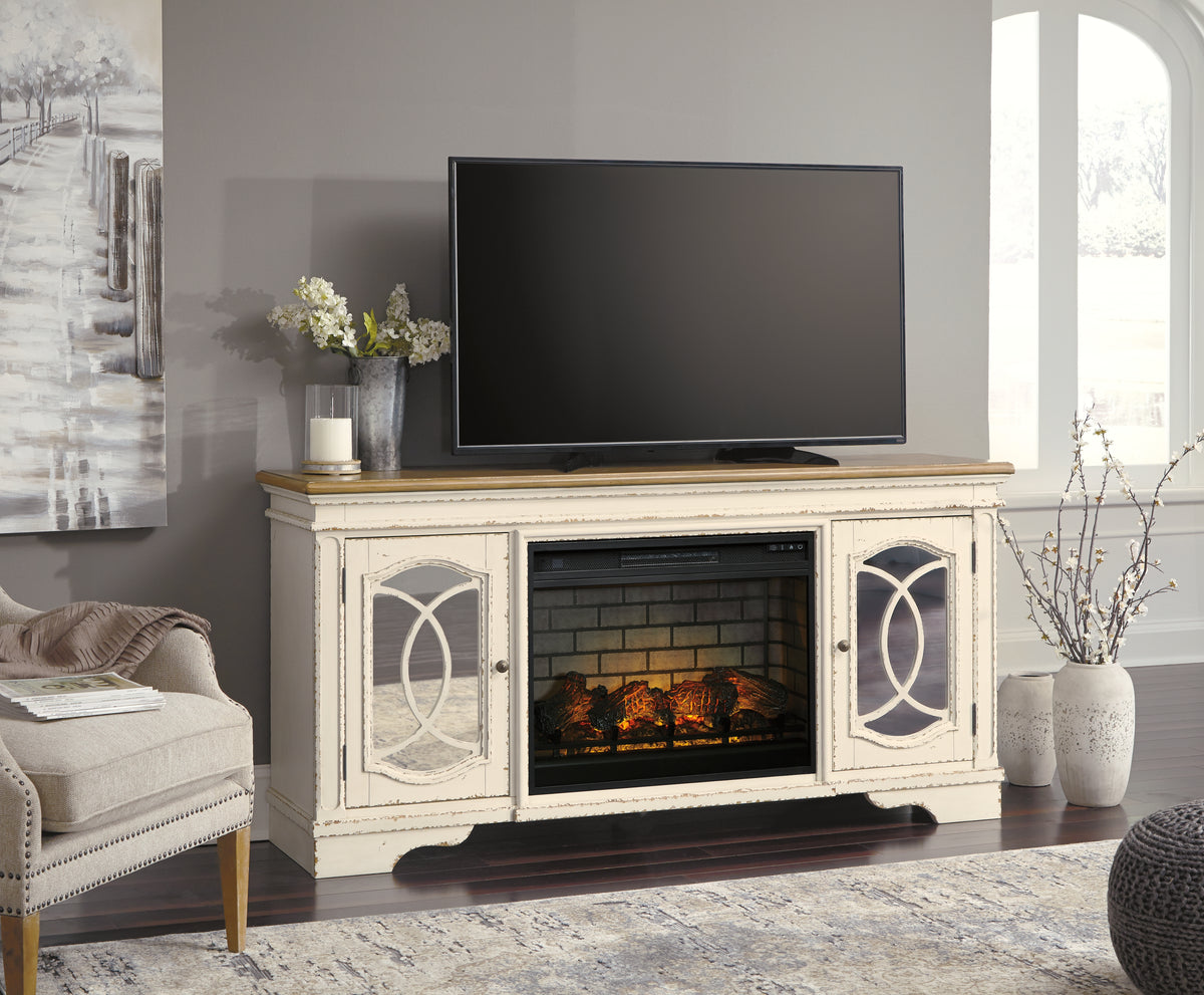 Lullora Furniture - Ashley Furniture - Realyn 74" TV Stand with Electric Fireplace - 74" TV Stand with Electric Fireplace / Chipped White - W743W2